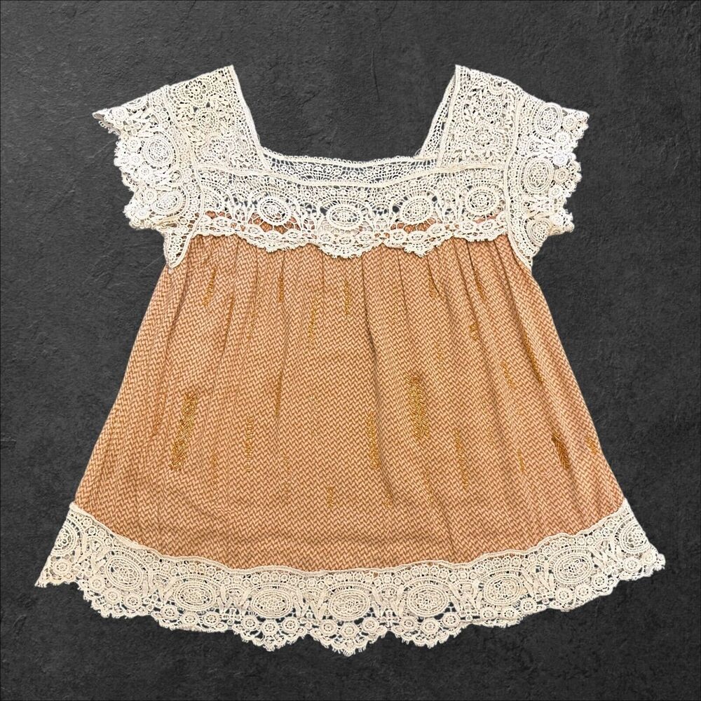 Miss Me Crochet Lace Blouse Top Sz Small Boho Peasant Short Sleeve Womens Cotton